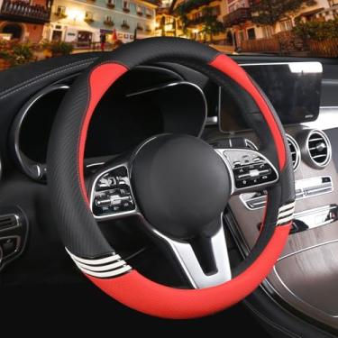 Imagem de Binsheo Capa de volante fofa de 35,5 cm para mulheres e homens, couro sintético e fibra de carbono, preta e vermelha