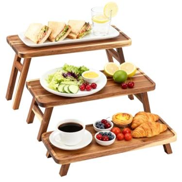 Imagem de Bandeja de servir de 3 camadas para festas, 42,88 cm x 15 cm para servir comida, bandeja de madeira de acácia com suporte de mesa de sobremesa, conjunto de exibição para festa, aniversário, casamento