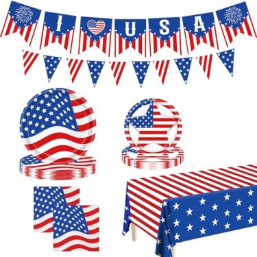 Imagem de Conjunto de utensílios de mesa com bandeira americana, conjunto de talheres de festa patriótica, decoração de festa de reunião de veteranos, pratos e guardanapos de papel patriótico, toalha de mesa