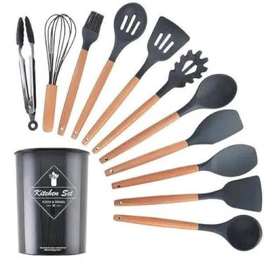 Imagem de Kit Utensílios de Cozinha Premium, 12 Peças, Silicone com Cabo de Madeira, Resistente a Altas Temperaturas, Inclui Porta Utensílios