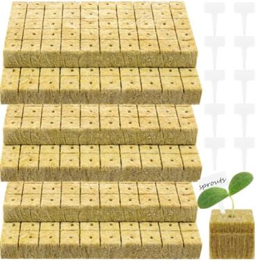 Imagem de 300 cubos de lã de rocha de 2,5 cm para hidroponia, cubos de plantio de lã de rocha de jardim com 10 etiquetas de nome de plantas, minicloques para iniciantes para cultivo sem solo, clone de corte de