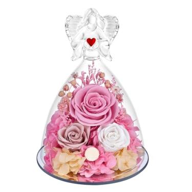 Imagem de Vryblos Preserved Flowers in Glass Angel Figurine with LED, Forever Real Roses Prime Eternal Flower Birthday Glitter Decoration for Her Women Mom Grandma Sister (rosa)