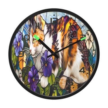 Imagem de SEHANY Pintura esmaltada de relógio de parede de gato, silencioso, sem tique-taque, relógio redondo operado por bateria, controle de som, luz noturna, relógios de parede para sala de estar, cozinha