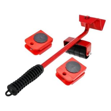 Imagem de Kit Levantador de Móveis com Rodinhas, 5 Peças, Vermelho, Metal e Plástico, Suporta 150kg, Inclui Alavanca e 4 Rodas