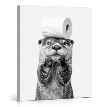 Imagem de Impressão de arte de parede em papel higiênico de lontra em preto e branco engraçado animal banheiro decoração de parede 20 x 25 cm emoldurada