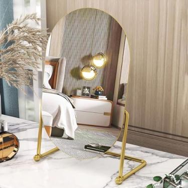 Imagem de GREATCICI Espelho de penteadeira de mesa com suporte de mesa Mirrosr Espelho de maquiagem dourado portátil para quarto, espelho de maquiagem de metal dourado emoldurado dobrável para banheiro barbear