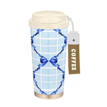 Imagem de Wassud Blue Ribbons and Bows Caneca de café isolada para viagem copo à prova de vazamento com tampa e canudo garrafa de água de aço inoxidável para café quente/gelo, chá e cerveja