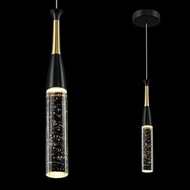 Imagem de Luminária pendente cilíndrica de cristal com bolhas, LED dimerizável de 5W, iluminação pendente moderna para ilha de cozinha, sala de estar, sala de jantar, quarto, bar, latão preto