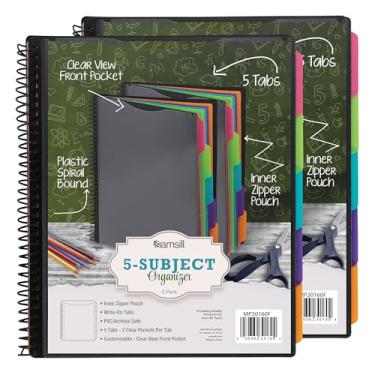 Imagem de Samsill Organizador de pastas de projeto espiral de 10 bolsos com 5 divisórias, bolsa com zíper, capa frontal personalizável, abas apagáveis para escrever em cores modernas, pastas de plástico com