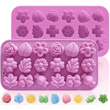Imagem de HKNMTT Moldes de doces de silicone, pequenos 9 formas tamanho mordida chocolate gelatina gelatina primavera laço fofo folha rosa sobremesa cera derreter cubos de gelo moldes de grau alimentício