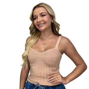 Imagem de Cropped Feminino Tricot Alcinha Trançado Canelado Moda Verão Confortáv