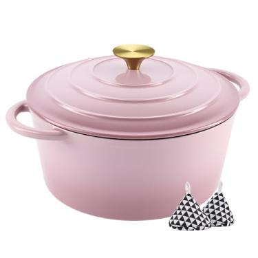 Imagem de Miereirl Panela de forno holandês esmaltada de 6 litros com tampa, forno holandês de ferro fundido com duas alças para assar pão, cozinhar, panelas revestidas de esmalte antiaderente, rosa