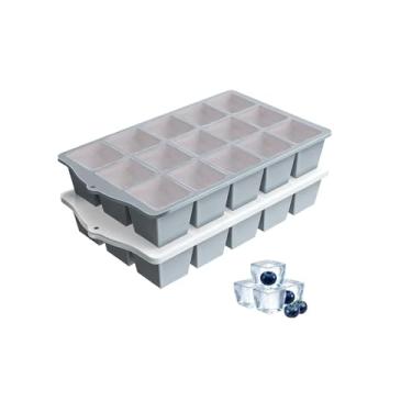 Imagem de Bandejas de gelo para freezer, 2 unidades de bandeja de gelo slicone de liberação fácil com tampa, moldes de gelo flexíveis empilháveis sem BPA, 15 cubos de gelo quadrados reutilizáveis para uísque