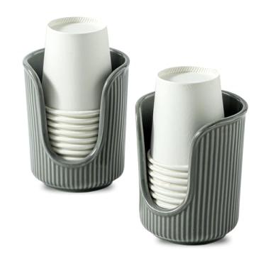Imagem de Dobbyby Dispensador de copos de cerâmica para banheiro com listras verticais estilosas - Porta-copos descartáveis para enxaguante bucal comporta copos de papel de 85 a 113 g para enxaguar copos em