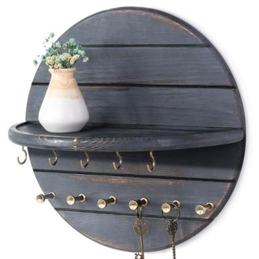 Imagem de Rebee Vision Suporte de parede rústico de madeira de pinho para decoração de casa de fazenda – Suporte de chave e correio para parede com prateleira e 11 ganchos – Organizador de correspondência para