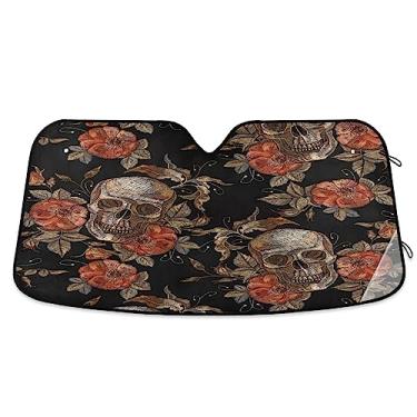 Imagem de Viseiras vintage de caveira e rosas para carro, proteção UV, persiana dobrável para janela de carro, para-sol para carros, caminhões