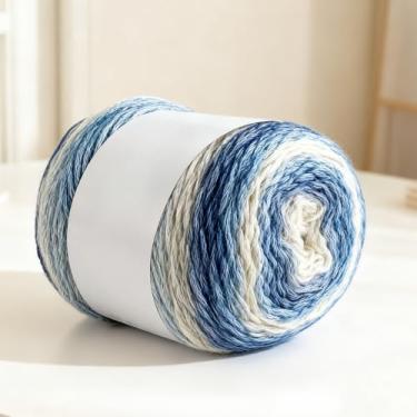 Imagem de Fio de bolo para crochê, 1 novelo gradiente de 100 ml, 267 metros, fios ombré super macios, fio de algodão arco-íris para cachecóis, xales, cobertores e roupas (gradiente azul-bege)