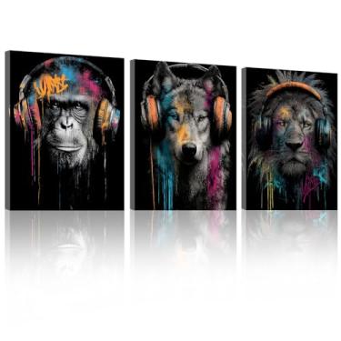 Imagem de Halioyo Tela de grafite colorida, decoração de parede pop art para quarto de adolescente, decoração de arte de parede de animal abstrata, pintura urbana moderna de rua para quarto de dormitório (40 x