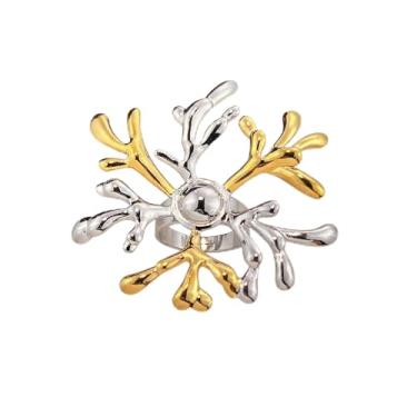 Imagem de Anel aberto exclusivo de aço inoxidável dourado prata floral floco de neve ajustável compromisso casamento noivado anel de ajuste confortável banda moda joias de férias para mulheres esposa