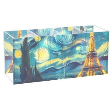 Imagem de TSENQUE Porta-lápis personalizado para toalha Eiffel de Paris Noite Estrelada em acrílico para mesa, artesanato, maquiagem, pincel, caneta, porta-copos, armazenamento de escritório, decoração de mesa