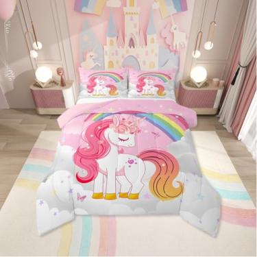 Imagem de Erosebridal Conjunto de cama solteiro de unicórnio, arco-íris, unicórnio, kawaii, fofo, reversível, estrelas, borboleta, adolescentes, adultos, decoração de quarto para todas as estações, 2 peças