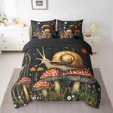 Imagem de Homewish Jogo de cama solteiro, 7 peças, cogumelo, caracol, flor, botânico, preto, reversível, lençol de cima + lençol com elástico + 2 fronhas + 2 fronhas