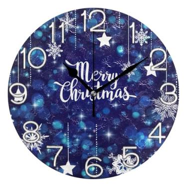 Imagem de GAIGEO Relógio de parede analógico, decorativo, quarto, cozinha, operado a pilhas, arte de parede moderna, decoração de casa, flocos de neve de Natal, estrelas azuis, 25 cm, ponteiros pretos