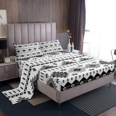 Imagem de Erosebridal Jogo de lençol boêmio, casal, asteca, tribal, rústico, sudoeste, geométrico, misterioso, cinza, preto, lençol com elástico