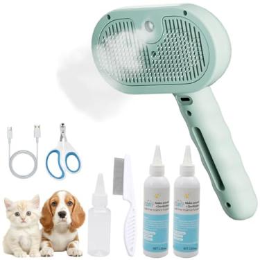 Imagem de Escova a vapor para cães e gatos – 3 em 1 de descamação, spray a vapor e ferramenta de limpeza automática – ideal para gatos de pelo longo e curto – Inclui 2 frascos de xampu sem água (verde)