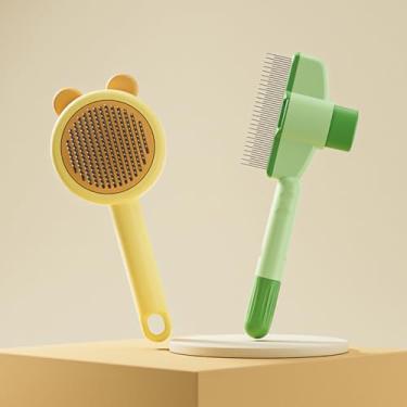 Imagem de Pacote com 2 escovas para gatos para queda, escova de cabelo autolimpante com botão de liberação para gatos internos, pente de silicone macio para gatos de pelo longo e curto (verde e amarelo)