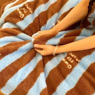 Imagem de Cobertor de lã polar, cobertor aconchegante de dupla face para outono e inverno, cobertor de sofá com vários tamanhos e padrões para todas as idades (listras azuis e marrons, 152 x 203 cm)