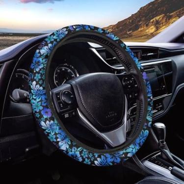 Imagem de Brosoneto Capa de volante de flor de hibisco azul, fofa, antiderrapante, respirável, protetora, acessórios universais para interior de carro para mulheres e homens, 38 cm