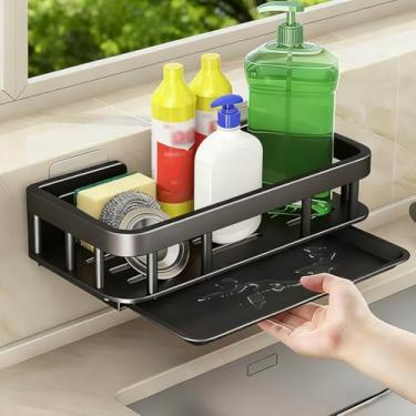 Imagem de Organizador de pia de cozinha sem perfuração, suporte de esponja montado na parede com bandeja de drenagem removível, rack de armazenamento de aço inoxidável para esponjas, pincéis, sabão (preto)