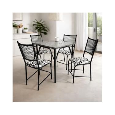 Imagem de Conjunto Famais Noruega Mesa de Jantar Quadrada com Tampo em Granito + 4 Cadeiras em Aço Carbono com Assento Estofado - 90x70cm
