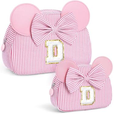 Imagem de QLOVEA Presentes de Natal para netos, bolsa de cosméticos inicial, bolsa de maquiagem de viagem, presentes de aniversário personalizados para crianças, rosa