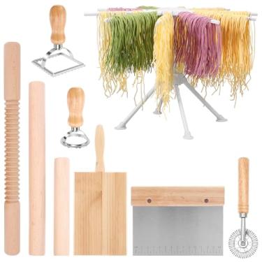 Imagem de 9 ferramentas para fazer massas, kit de fabricação de massa de madeira inclui 3 rolos, 2 carimbos de massa, cortador de rolo de ravioli, placa de nhoque, rack de secagem, cortador de massa para