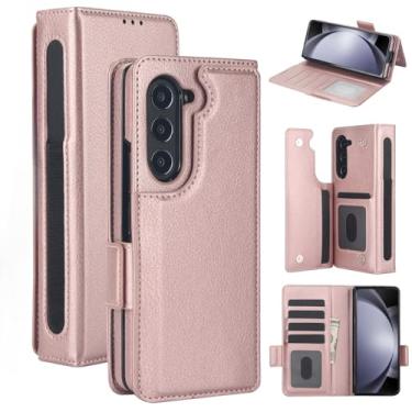 Imagem de Capa carteira para Samsung Galaxy Z Fold 7, 6 porta-cartões de crédito e porta-S-Pen, [bloqueio RFID] Fecho magnético de couro dobrável com suporte, capa protetora resistente à prova de choque (rosa)