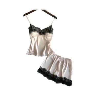 Imagem de Conjunto De Pijama Sem Mangas De Renda E Cetim Sexy Para Mulheres, Rou