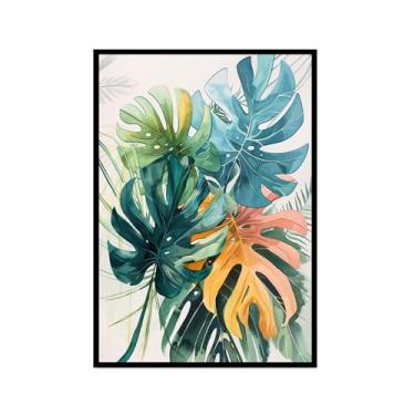 Imagem de Arte de parede de folhas tropicais – Impressão de folha de palmeira verde em aquarela, pôster Monstera, decoração de plantas tropicais modernas para sala de estar em casa (SKU2,16 x 24" = (40 x 60 cm