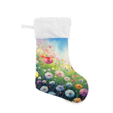 Imagem de ATTX Meias de Natal em aquarela floral abstrata, suporte de presente com punho de pelúcia branco para decorações de festas de fim de ano (17,7 polegadas, pacote com 2) #462