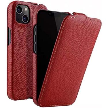 Imagem de CYSUE Capa para Apple iPhone 14 Plus 6,7 polegadas 2022 Capa fólio vertical, padrão de lichia vertical flip premium couro à prova de choque capa de telefone (cor: vermelho)