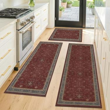 Imagem de JTJ Tapetes de cozinha vermelhos vintage para ficar em pé, tapete macio de pelo baixo com superfície impermeável e resistente a manchas, tapete antiderrapante para pia de cozinha e lavanderia