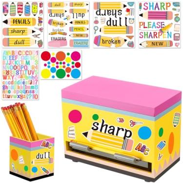 Imagem de Mifoci Kit de dispensador de lápis de madeira para sala de aula, suporte de caneta, dispensador de canudo, adesivos de letras afiadas e maçantes para professores, armazenamento de materiais de sala de