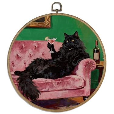 Imagem de DELORIGIN Arte de parede emoldurada de gato preto engraçado 25,4 cm arte de parede em tela redonda vintage com ganchos vintage impressões de arte penduradas em coquetéis para sala de estar corredor