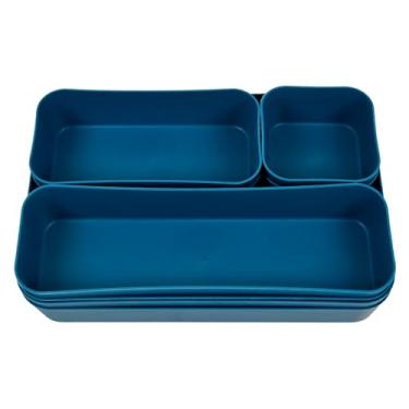 Imagem de Milan Pacific Conjunto organizador de gaveta de 8 peças, caixas de armazenamento de plástico empilháveis, divisórias azuis de mesa e banheiro para maquiagem, joias, cozinha, acessórios de escritório