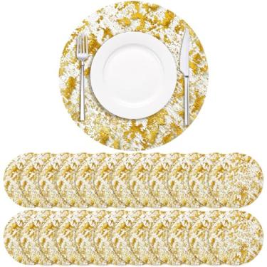 Imagem de Soleebee Pacote com 100 jogos americanos descartáveis, tapetes de mesa redondos finos de 33 cm de folha dourada, carregadores de mesa para casamento, festa de aniversário, mesa de jantar, decoração de