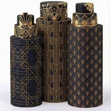 Imagem de Mindsoft Conjunto de 3 capas de suporte cilíndrico de elastano da década de 1920 para festas, capas de pedestal de cilindro flexível vintage, exibição de mesas de sobremesa para decoração de pano de