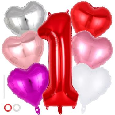 Imagem de Balão vermelho número 1 de 101 cm, balões de coração de alumínio para decorações de 1º aniversário, conjunto de balões de 1º aniversário para decoração de chá de bebê no Dia dos Namorados