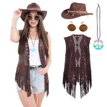 Imagem de Leadtex Colete feminino hippie com franjas dos anos 60 e 70 para mulheres, fantasia hippie de discoteca, jaqueta de franja de camurça sintética para festa discoteca, Café, Tamanho Único
