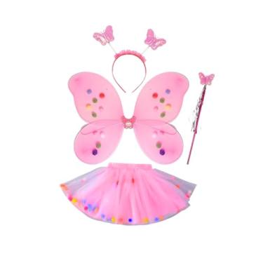 Imagem de Conjunto de 4 peças de fantasia de fada de borboleta LED princesa cosplay com asas, saia tutu, varinha (Conj 4pç Infantil Rosa Pompom, Tamanho Único)